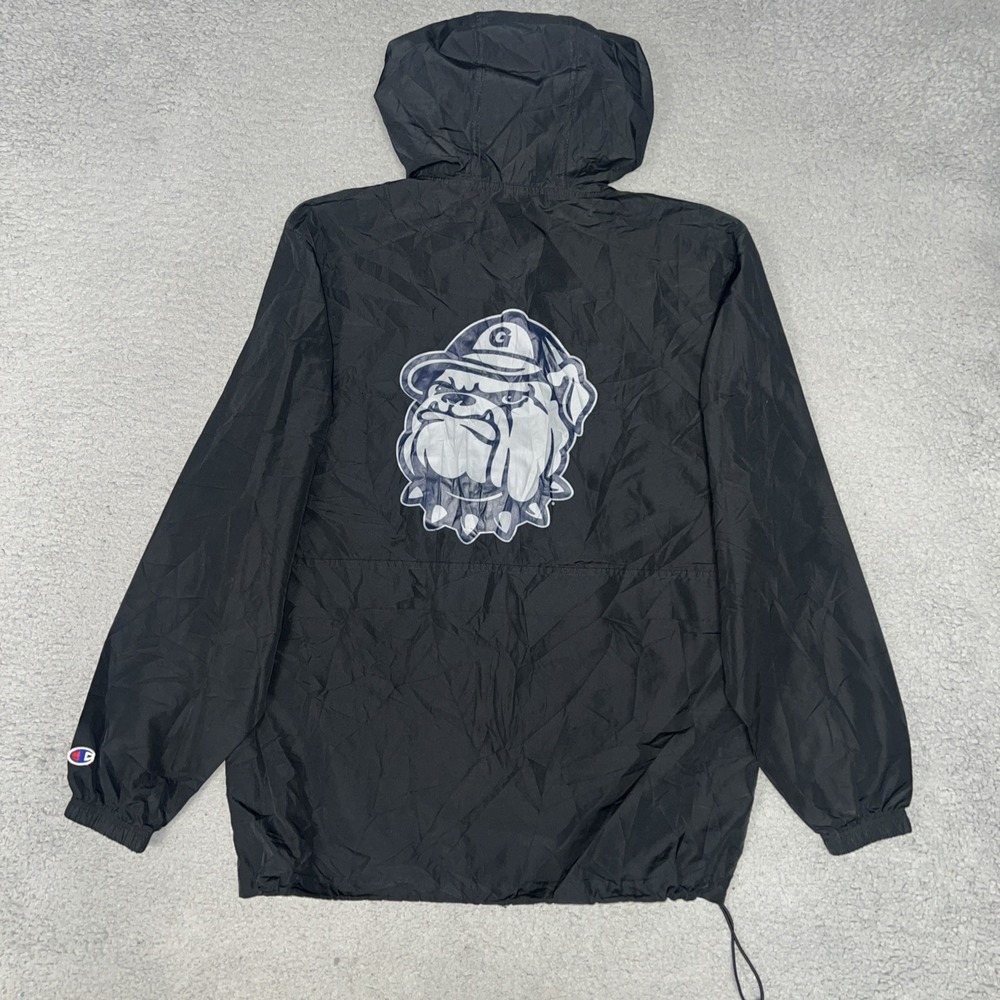 VTG Champion Georgetown Hoyas Windbreaker Men Sz M Black 2-Sided Hooded Jacket